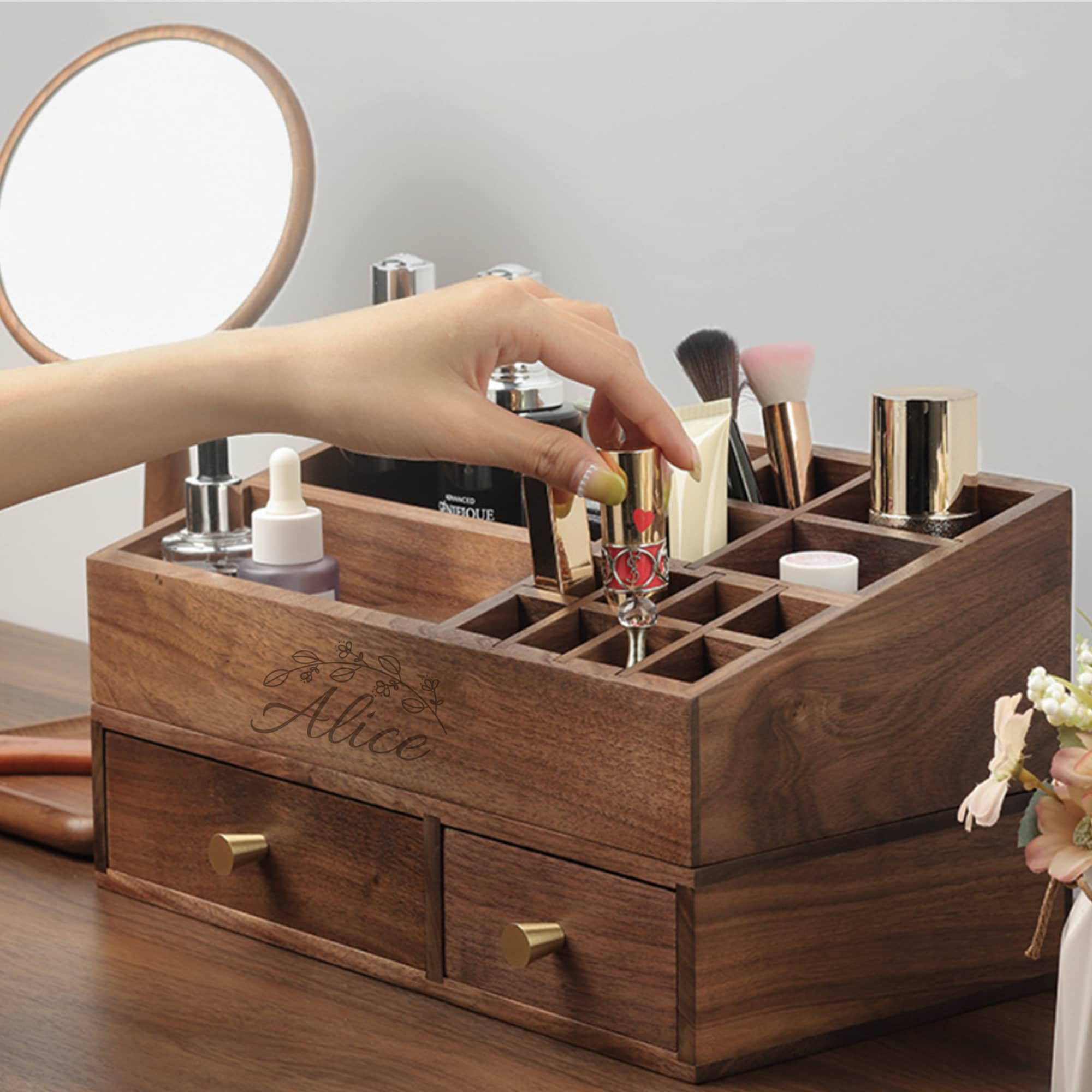 Black Walnut Makeup Organizers,Cosmetic & toiletry storage,Makeup Beauty storage Rack with drawer,Personalized Gift for wife mom her
