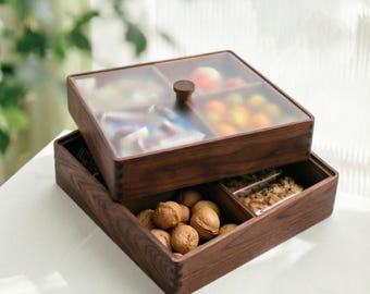 Walnut Snack Box with Glass Lid: Square Wooden Storage