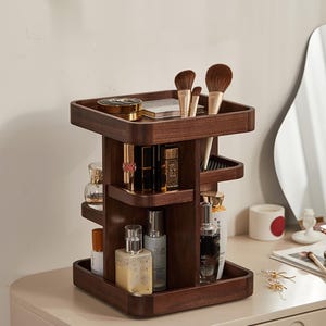 Organizadores de maquiagem de madeira, armazenamento giratório de cosméticos e produtos de higiene pessoal, suporte para armazenamento de maquiagem e beleza, prateleira de mesa multicamadas, presente para esposa e filha