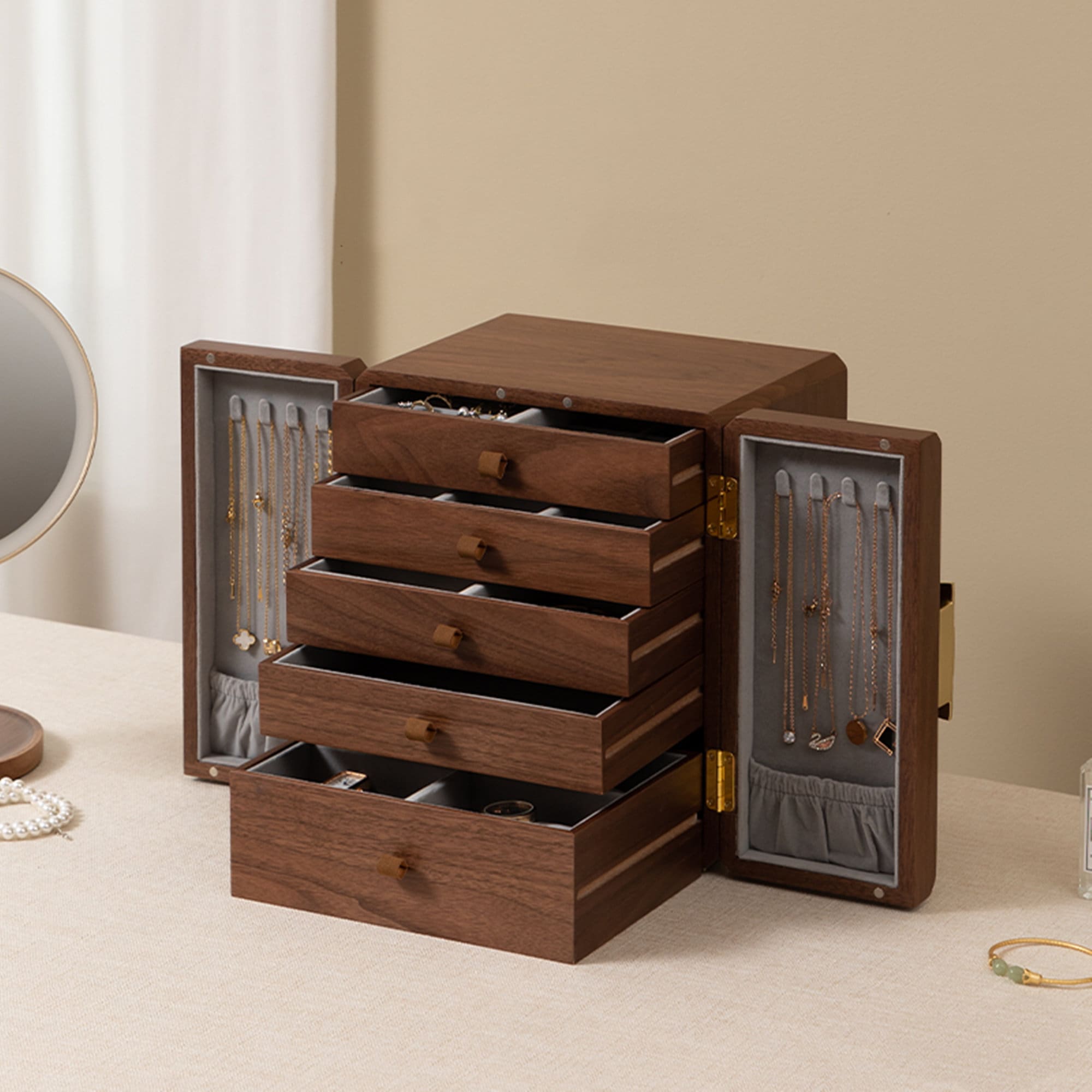 Portagioie A 6 Cassetti In Legno Vintage - Dimensioni 31x20x24,5 Cm, Per Anelli, Orecchini, Collane