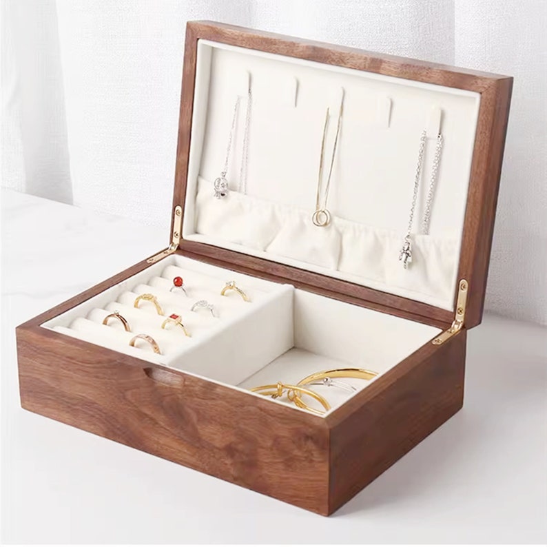 Solid Walnut Jewelry Box with Drawer Wood Storage Box Wooden Earring Bracelet Necklace Rings Watch Organizer Box Birthday gift wife Medium -1 layer