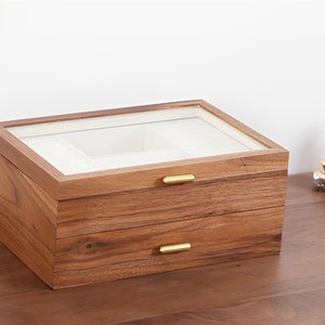 Caja de joyería de nogal macizo con cajón, caja de almacenamiento de madera, pendiente de madera, pulsera, collar, anillos, caja organizadora de reloj, regalo de cumpleaños para esposa Glass lid -2 layer