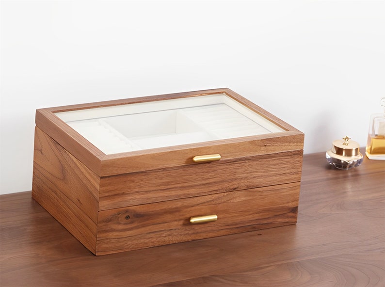 Caja de joyería de nogal macizo con cajón, caja de almacenamiento de madera, pendiente de madera, pulsera, collar, anillos, caja organizadora de reloj, regalo de cumpleaños para esposa Glass lid -2 layer