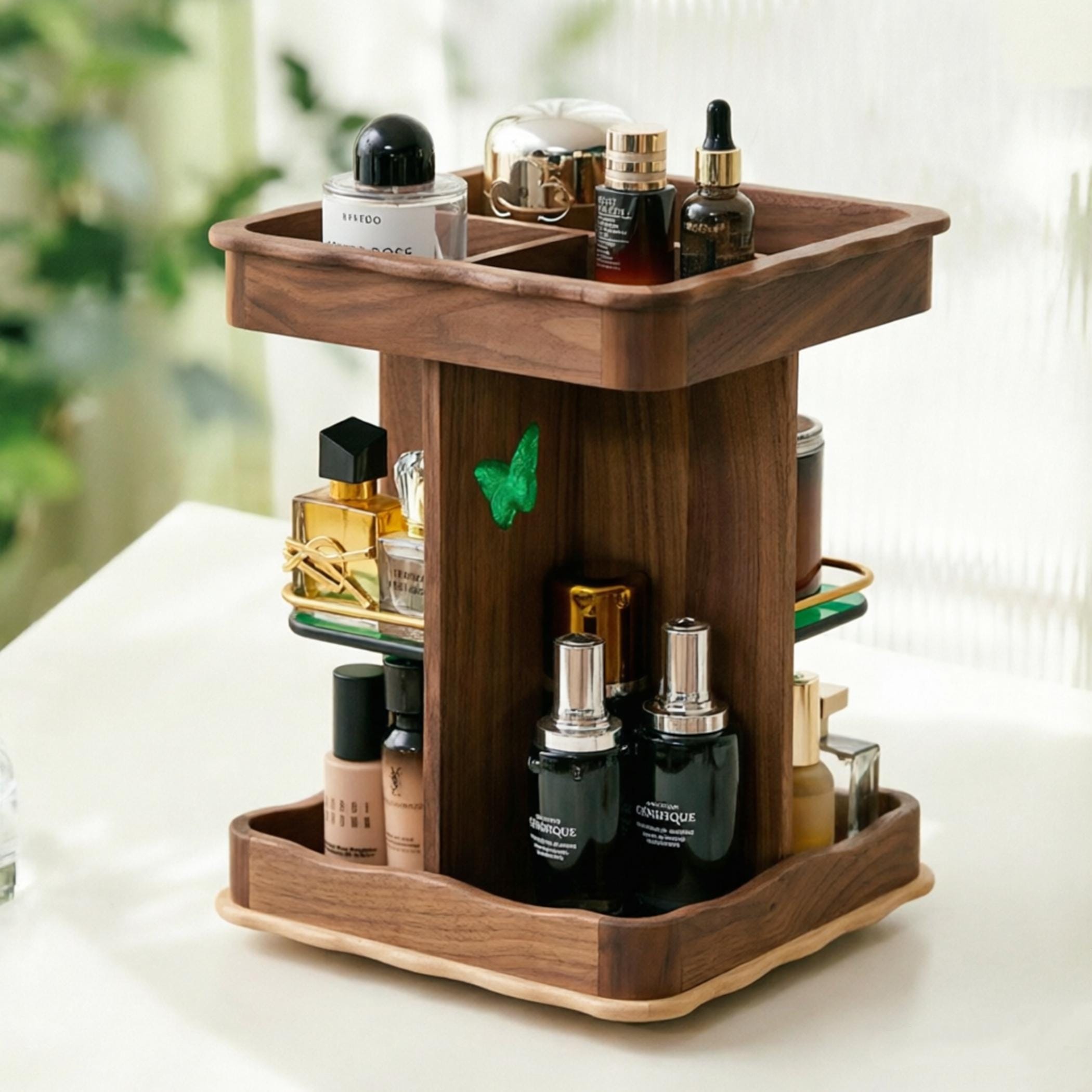 Rotating Walnut Wood Makeup Organizer: Cosmetic & Toiletry Storage