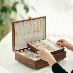 Engraved Walnut Wooden Jewelry Box: Vintage 2-Layer Organizer