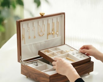 Engraved Walnut Wooden Jewelry Box: Vintage 2-Layer Organizer