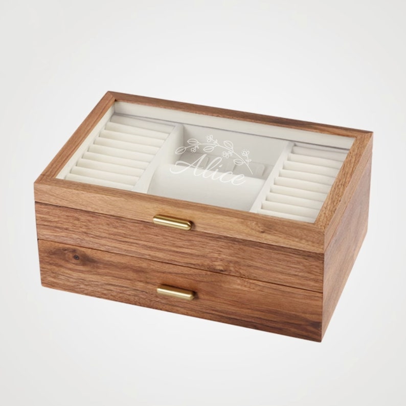 Caja de joyería de nogal macizo con cajón, caja de almacenamiento de madera, pendiente de madera, pulsera, collar, anillos, caja organizadora de reloj, regalo de cumpleaños para esposa imagen 7