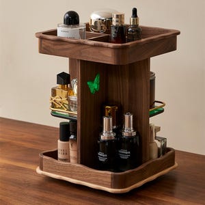 Wooden Makeup Organizers,Rotating Cosmetic & toiletry storage,Makeup Beauty storage rack,Desktop multi-layer shelf, Gift for wife her