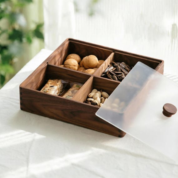 Walnut Snack Box With Glass Lid: Square Wooden Storage - Etsy