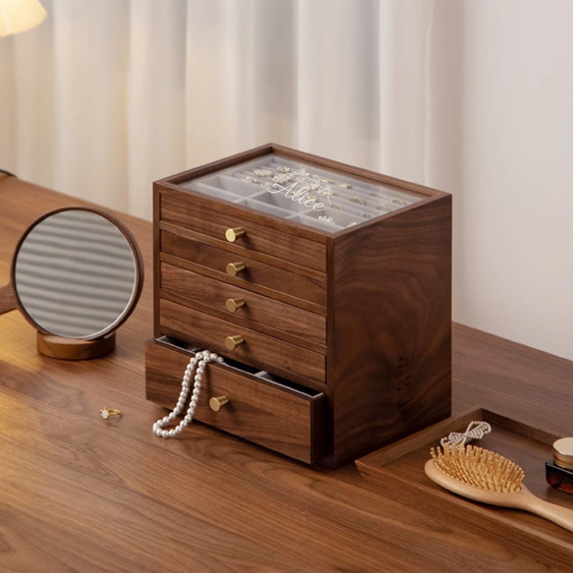 Glass Lid Jewelry Box With Drawer Wood Storage Box Wooden Earring Bracelet Necklace Rings Watch