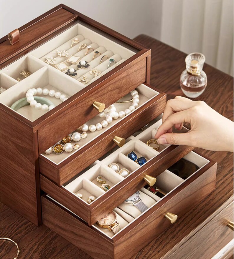 Large Glass Lid Jewelry Box With 5 Drawer Wooden Storage Box Multifunctional Earring Bracelet