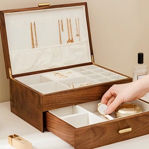 Caja de joyería de nogal macizo con cajón, caja de almacenamiento de madera, pendiente de madera, pulsera, collar, anillos, caja organizadora de reloj, regalo de cumpleaños para esposa Wood lid -2 layer