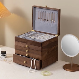 Aangepaste zwarte walnoot houten gegraveerde sieraden doos cadeau, sieraden organisator, 1/2/3/4/5-laags sieraden opslag, gepersonaliseerd cadeau voor vrouw paar