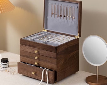 Regalo personalizado de caja de joyería grabada de madera de nogal negro, organizador de joyas, almacenamiento de joyas de 1/2/3/4/5 capas, regalo personalizado para pareja de esposas
