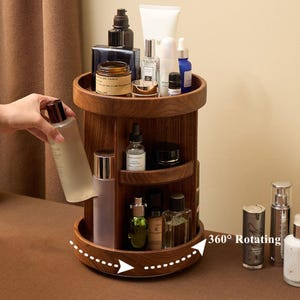 Personalization Wooden Makeup Organizers,Round Rotating Cosmetic storage,Makeup Beauty Countertop,Desktop multi-layer shelf,Gift for her