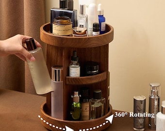 Personalization Wooden Makeup Organizers,Round Rotating Cosmetic storage,Makeup Beauty Countertop,Desktop multi-layer shelf,Gift for her