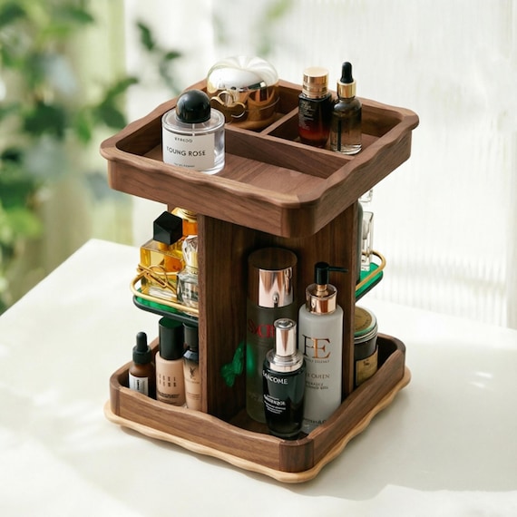 Rotating Walnut Wood Makeup Organizer: Cosmetic & Toiletry Storage
