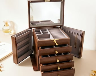 Engraved Walnut Jewelry Box, 5-Layer Wood Organizer, Anniversary Gift