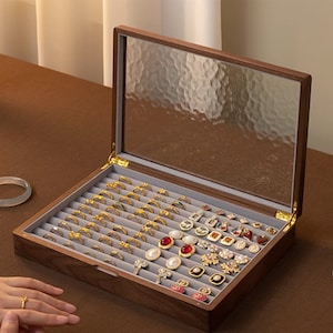 Scatola portagioie in legno di noce con collana, scatola portaoggetti per orecchini e anelli, scatola portagioie con coperchio in vetro, regalo di compleanno per moglie, mamma e figlia