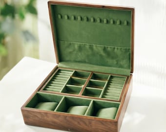 Caja de joyería de nogal grabada para viajes, organizador portátil de collares y anillos.