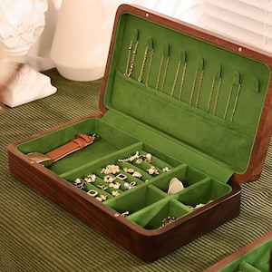 Joyero de nogal con nombre grabado para viajes, joyero portátil de madera, organizador de joyas, regalo de aniversario personalizado para ella