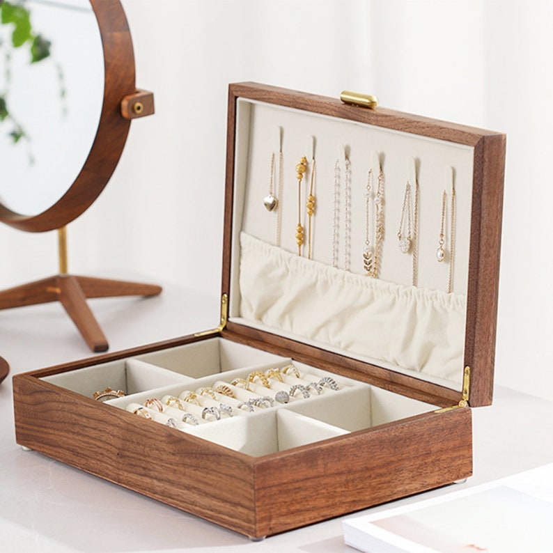 Caja de joyería de nogal macizo con cajón, caja de almacenamiento de madera, pendiente de madera, pulsera, collar, anillos, caja organizadora de reloj, regalo de cumpleaños para esposa Large -1 layer