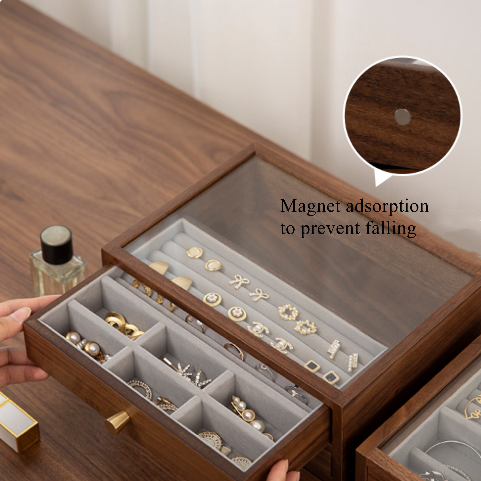 Glass Lid Jewelry Box With Drawer Wood Storage Box Wooden Earring Bracelet Necklace Rings Watch