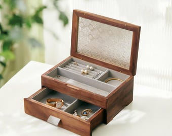 Glass lid Wooden Jewelry Box：Earring Necklace Rings Watch Organizer Box gift  for her