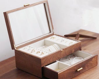Custom engrave Walnut Jewelry Box Large Wooden Organizer Storage Box with Drawer Jewellry Box travel Birthday gift Anniversary Gift wife