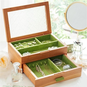 Holz Schmuckschatulle Glasdeckel Holz Aufbewahrungsbox Ohrring Halskette Ringe Uhr Organizer Box Geschenk Jahrestag Geschenk für sie