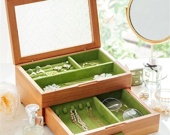 Wooden Jewelry Box Glass lid Wood Storage Box Earring Necklace Rings Watch Organizer Box gift Anniversary gift for her