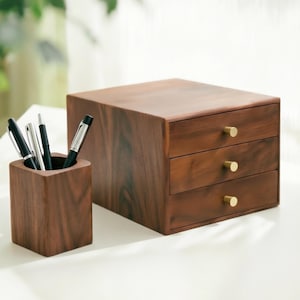 Organizzatore da scrivania a 3 strati in legno di noce: scatola portagioie personalizzabile con incisione.