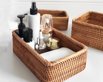 Rectangle Woven Fruit Wood Rattan Tray Basket for Home Cosmetic Clothes Bathroom Living Room Storage Housewarming Gift