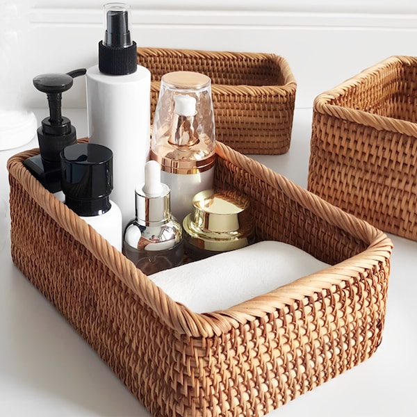 Rectangle Woven Fruit Wood Rattan Tray Basket for Home Cosmetic Clothes Bathroom Living Room Storage Housewarming Gift