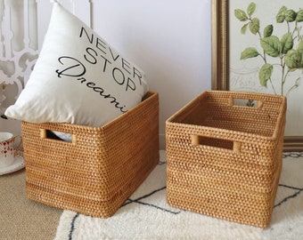 Hand Woven Rattan Basket,Large Wicker Basket,Portable Rattan storage basket 3 set Home Bathroom Living Room Storage,Housewarming Gift