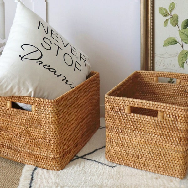 Hand Woven Rattan Basket,Large Wicker Basket,Portable Rattan storage basket 3 set Home Bathroom Living Room Storage,Housewarming Gift