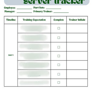 May include: A 30 day new hire server tracker document with a gray header and dark green text. It includes fields for employee, start date, manager, and trainer, plus a table with columns for timeline, training expectation, complete, and trainer initials.