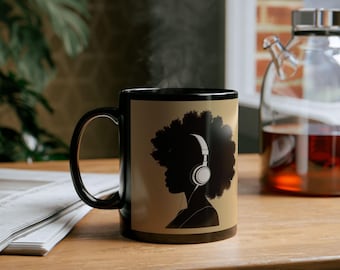 Caffeinate & Elevate Afro Silhouette Headphones Mug | Black Coffee Mug