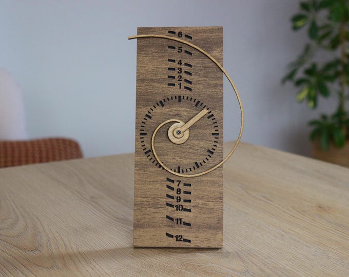 Personalized Fibonacci Wooden Wall Clock, Spiral Mid Century Desk & Mantel Clock