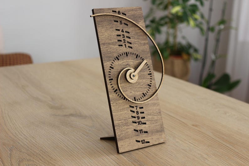 Personalized Fibonacci Wooden Wall Clock, Spiral Mid Century Desk & Mantel Clock image 2