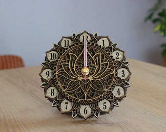 Mandala Wooden Table And Desk Clock, Office Mantel Shelf And Housewarming Gifts, Minimalist Design, Rustic Home Decor, Retro Christmas Art.