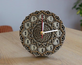 Mandala Wooden Wall and Desk Clock, Personalized Silent Clock, Rustic Finish Home Office Decor, Custom Engraved Wooden Gift for Her and Wife