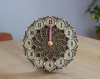 Mandala Wooden Wall and Desk Clock, Personalized Silent Clock, Rustic Finish Home Office Decor, Custom Engraved Wooden Gift for Her and Wife