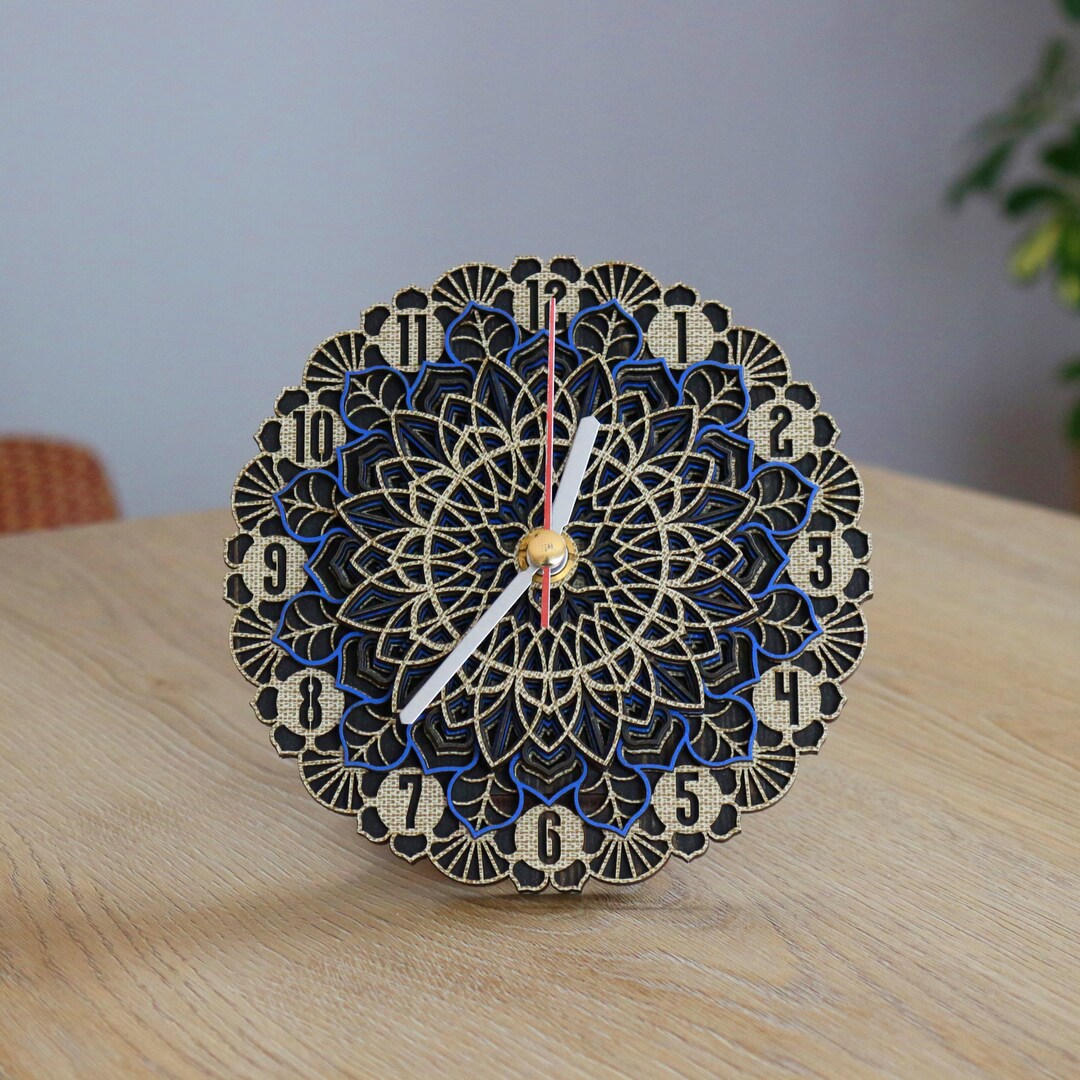 Mandala Wooden Wall and Desk Clock, Personalized Silent Clock, Rustic ...