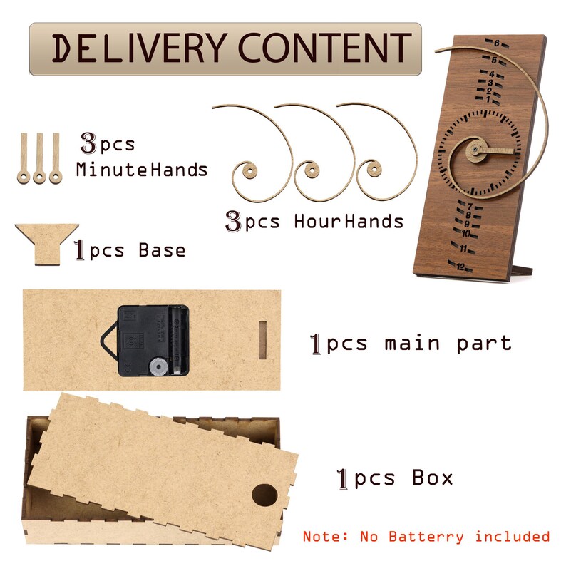 May include: A wooden clock kit with a spiral design. The kit includes a base, hour and minute hands, and a main part. The kit also includes a box and a note that says "No Battery included".