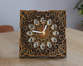 Mandala Wooden Wall and Desk Clock, Personalized Silent Clock, Rustic Finish Home Office Decor, Custom Engraved Wooden Gift for Her and Wife