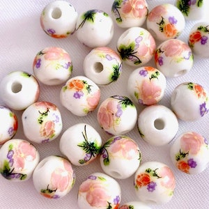 8mm Ceramic Light Pink Flower Bead, Chinese Delft Floral Porcelain Round Chinoiserie Spacer Focal DIY Jewelry Making Macramé Craft Supply