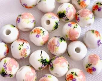 8mm Ceramic Light Pink Flower Bead, Chinese Delft Floral Porcelain Round Chinoiserie Spacer Focal DIY Jewelry Making Macramé Craft Supply