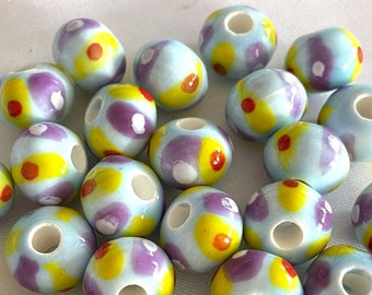 12mm Hand Painted Light Blue Ceramic Large Hole Rondelle Bead with Yellow Purple Stripe & Red White Polka Dot Jewelry Making Bracelet Supply