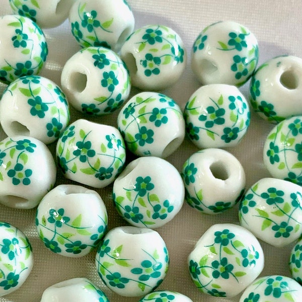 10mm Ceramic Green Floral Round Bead, Light Olive Grass Green Flower Porcelain Chinoiserie Spacer Focal for DIY Jewelry Making Craft Supply